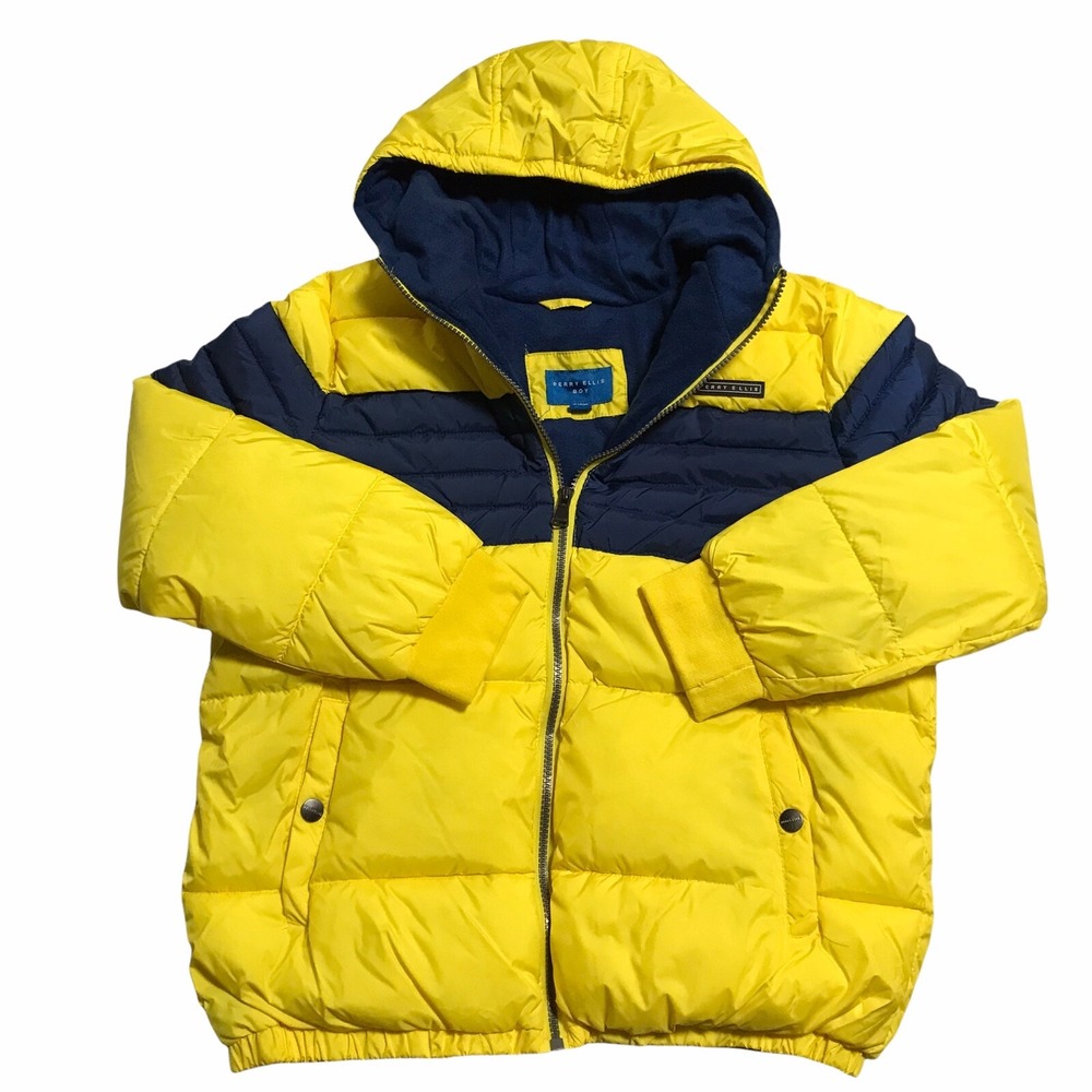 Perry Ellis Youth Boys Puffer Jacket Size 18 Yellow Navy Blue Water-Resistant